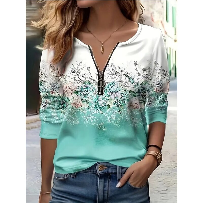 Easter Women's T shirt Long Sleeve Quarter Zip Long Sleeve Casual Floral Graphic Elegant Vintage Stylish V Neck Regular Tops Daily Yellow Pink Blue Orange Green  Spring Fall Prefall4