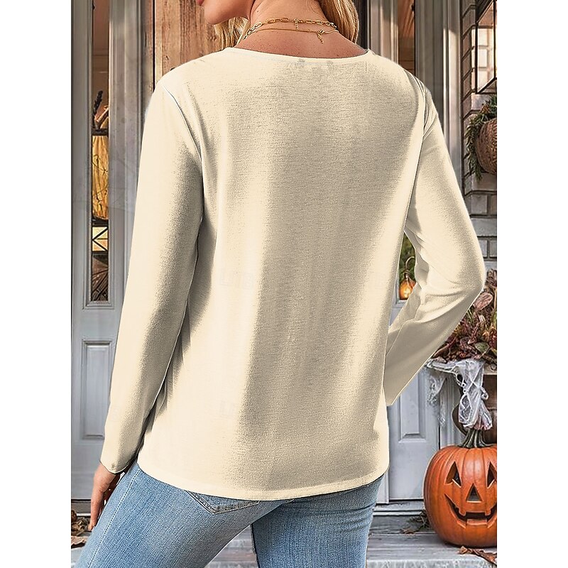 Halloween Women's T shirt Pumpkin Long Sleeve Crew Neck Long Sleeve Tunic Graphic Vintage Stylish Classic Regular Tops Daily Print Beige Fall Prefall2