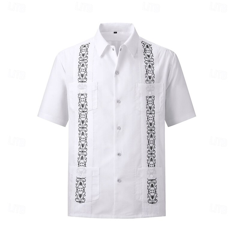 Men's  Guayabera  Shirt Black White Red Blue Gray Short Sleeve Embroidered Shirt Collar Casual Embroidery Clothing Apparel Elegant Vacation Vintage Daily3