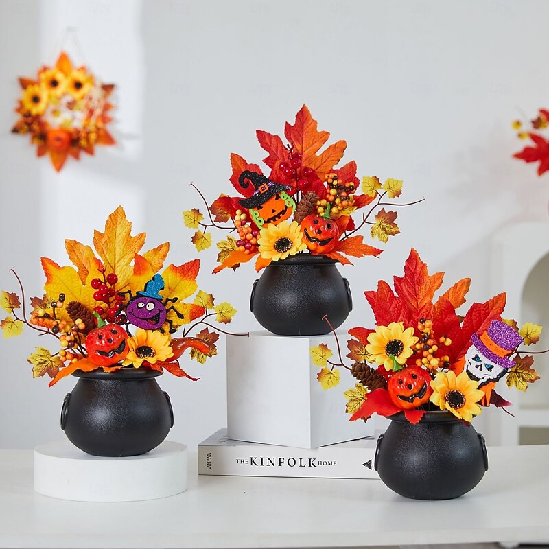 Halloween Fall Desktop Ornament Faux Pumpkin, Maple Leaves, Pinecones, and LED Light Harvest Festival Decor for Halloween, Spooky Fall Display, Autumn Home Decoration3