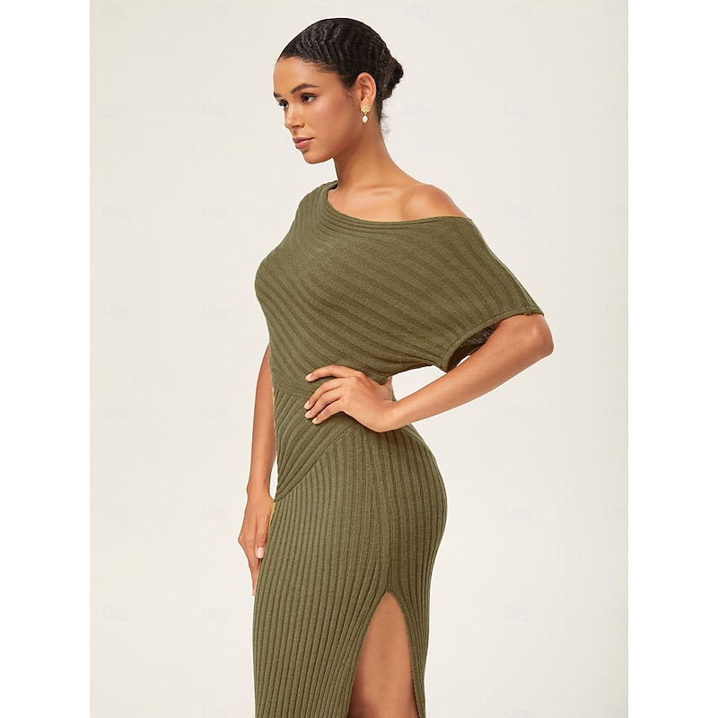 Olive Green One-Shoulder Knitted Bodycon Maxi Dress4