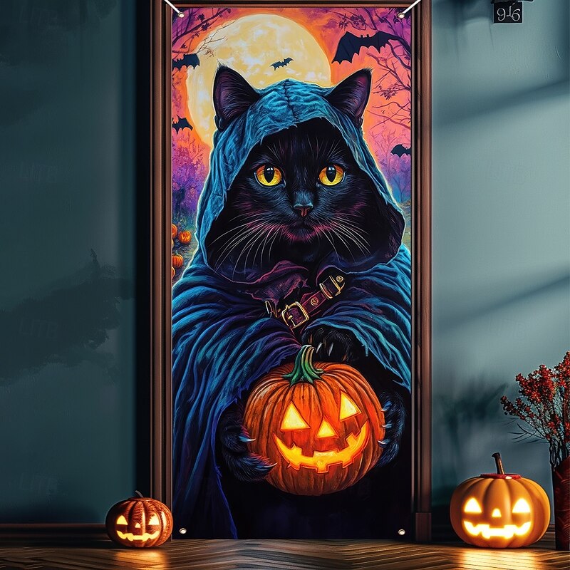 Halloween Door Cover Outdoor Banners Pumpkin Cat Psychedelic Dark Punk Gothic Style Party Outdoor Shooting Backgrounds Front Door Wall Porch Home Decor2