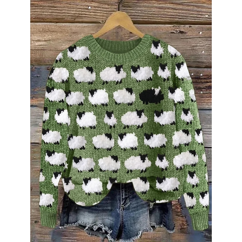 Women's Sweater Casual Soft Animal Ribbed Crew Neck Knitted Print Long Sleeve Regular Tops Knit Outdoor Daily Weekend Blue Green Fall Winter
