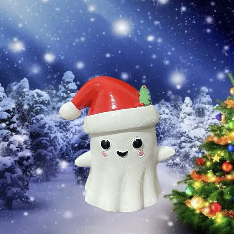 Halloween Cute Ghost Decoration with Santa Hat Resin Figurine, Cute Mini Decoration for Halloween Christmas Decor, Holiday Gift Ornament