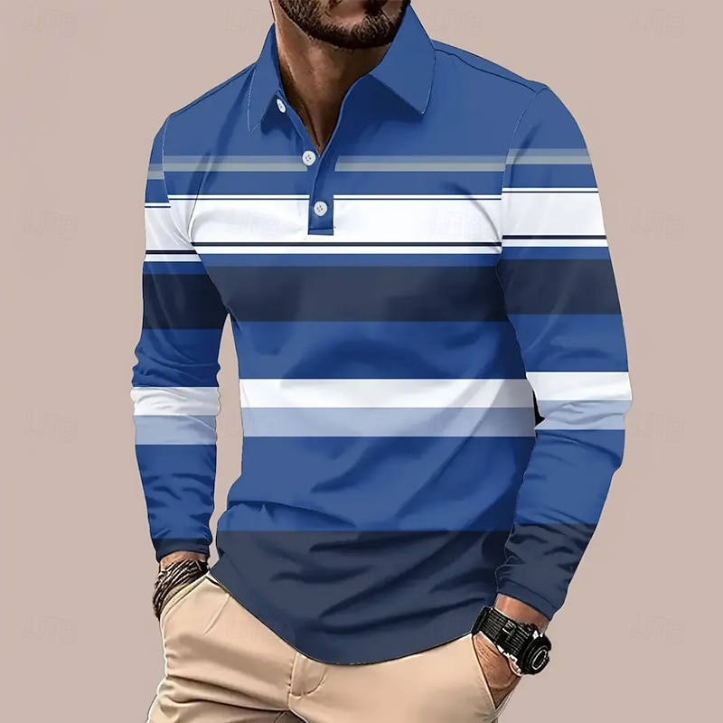 Men's Horizontal Stripes Polo Long Sleeve Polo Shirts Collared Shirts Business Casual Business Athleisure Daily Wear 3D Print Buttons Spring Fall Winter Blue