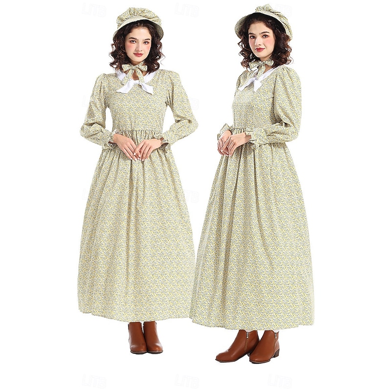 19th Century 1800s Old West Prairie Dress Bonnet and Apron Set Pioneer Floral Fancy Dress Women's Halloween Carnival School Event Dress Up Historical reenactment Adults Dress Apron Hat2