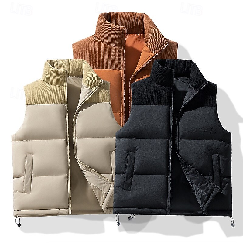 Men's Hiking Vest Puffer Vest Thermal Vest Sleeveless Vest Outdoor Thermal Warm Winter Zipper Pocket Polyester Black Khaki Coffee Hunting Fishing Climbing