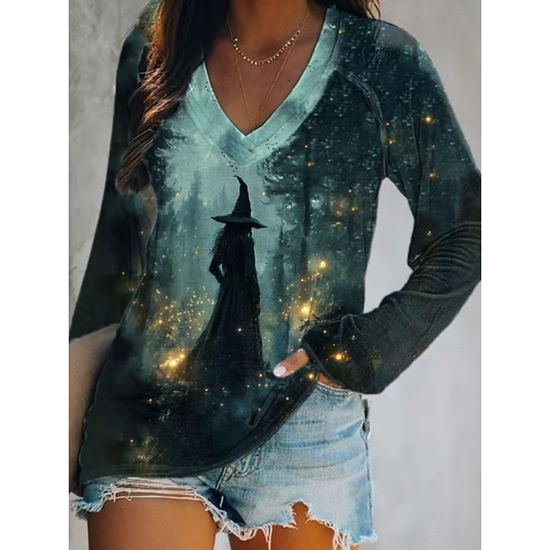 Halloween Women's T shirt Witch V Neck Long Sleeve Graphic Casual Elegant Vintage Stylish Regular Tops Daily Going out Weekend Print Black and gray Sage Green White Blue Orange Spring Fall