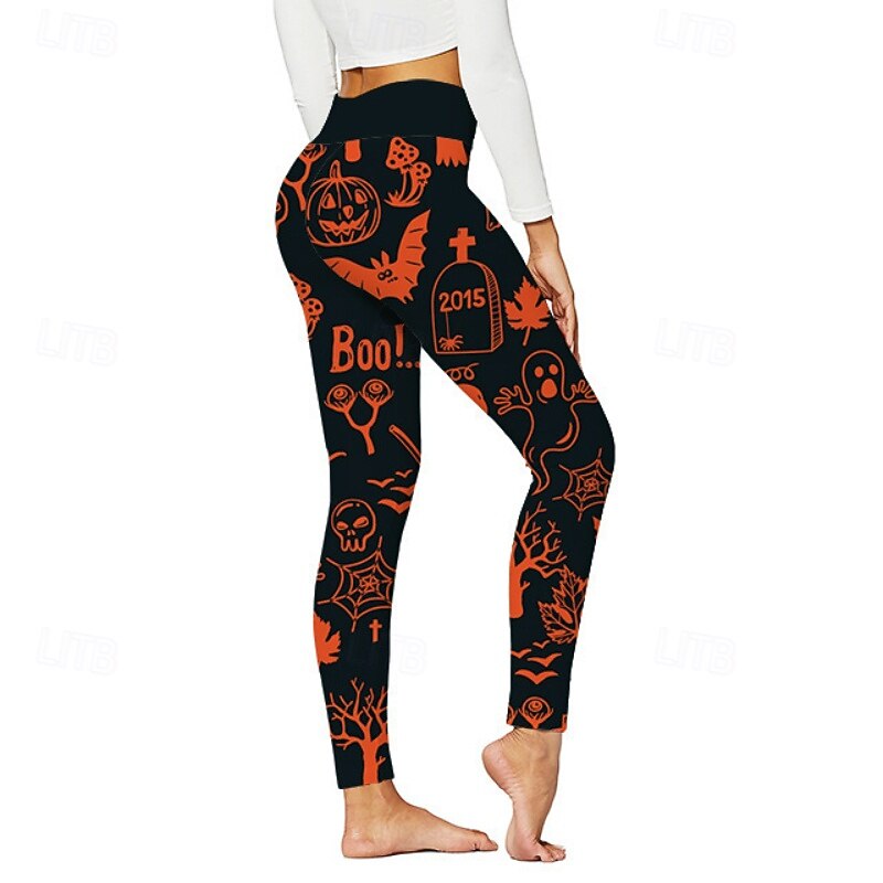 Women's Leggings Streetwear Casual Full Length NaturalPantsHalloween Pumpkin Elastic Waist Printing Comfortable Outdoor Vacation Holiday Black Grey Dark-Gray Orange red Black Fall Regular Fit4