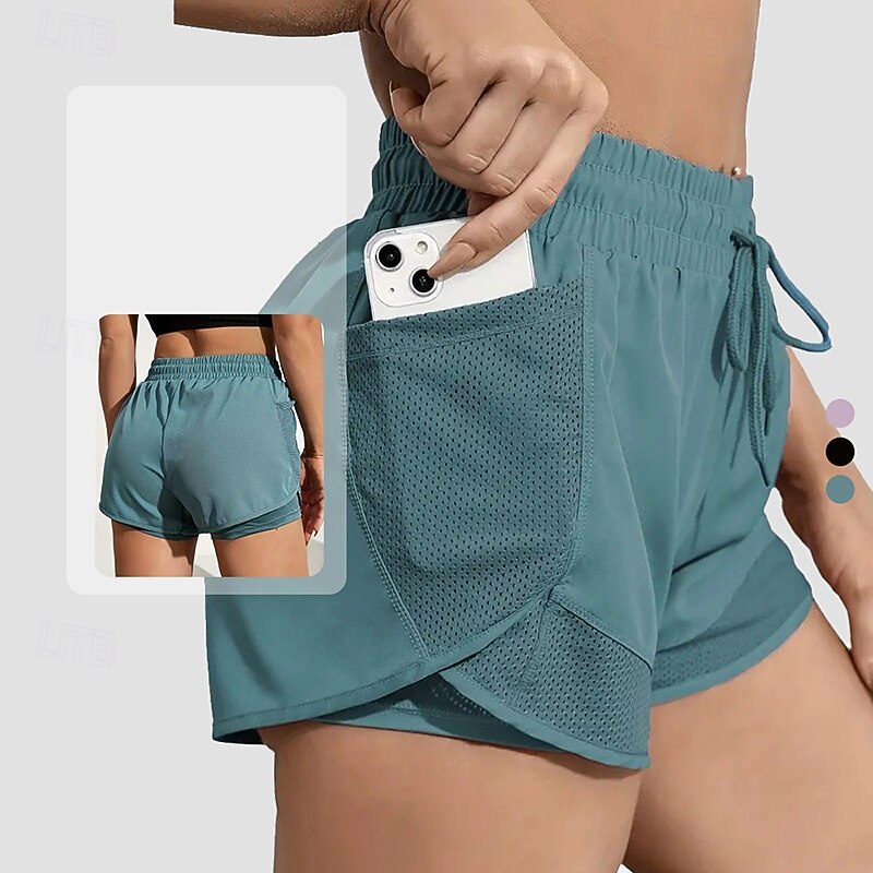 Women's Workout Shorts 2 in 1 with Pockets High Waist Dance Pilates Running Bottoms Solid Color Black Purple Green Sports Activewear Tight Fit