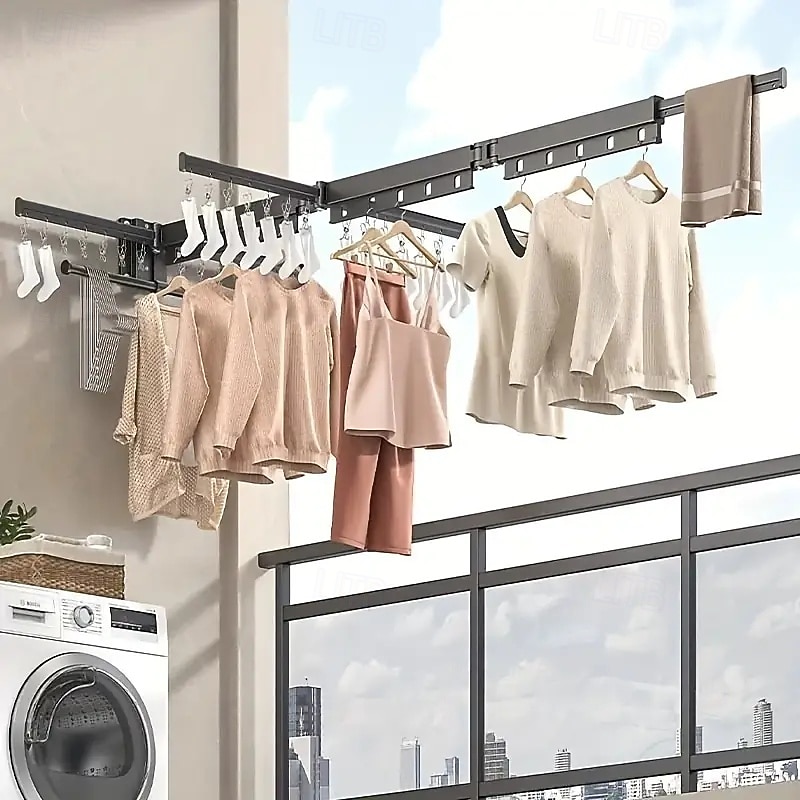 3/4 Fold Wall-Mounted Clothes Drying Rack with Rotating Design Space-Saving Foldable Clothes Hanger for Balcony, Laundry Room, Bathroom2