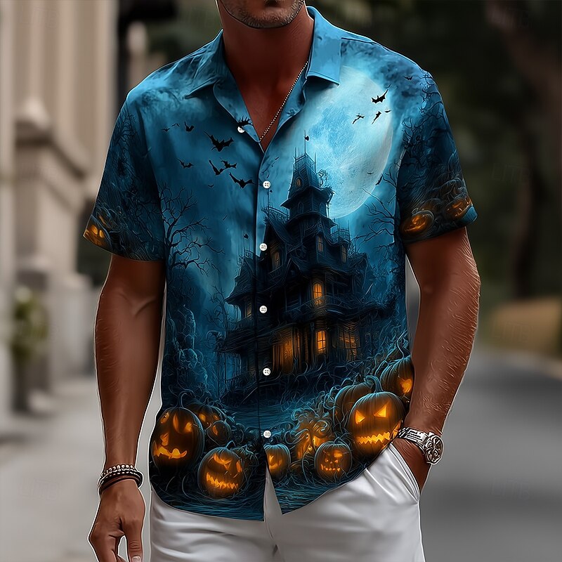 Halloween Men's Pumpkin Haunted House Halloween Costumes Shirt Button Up Shirt Short Sleeve Dark Punk Gothic Style Holiday Streetwear Summer Spring Turndown 3D Print Collared Shirts Blue 2# Blue 12