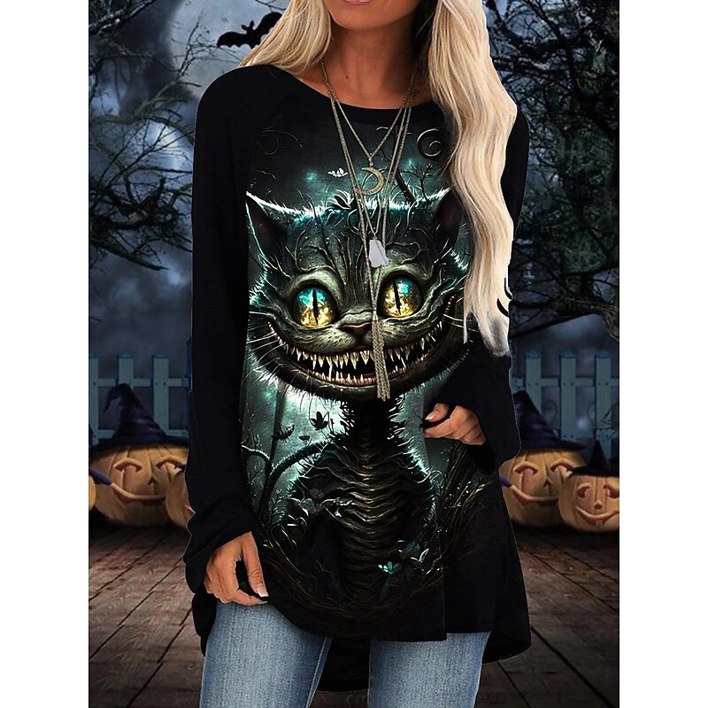 Halloween Women's T Shirt Castle Graphic Ghost Vintage Stylish Classic Long Sleeve Crew Neck Round Neck Long Tops Daily Print Black Yellow Green Spring Fall2