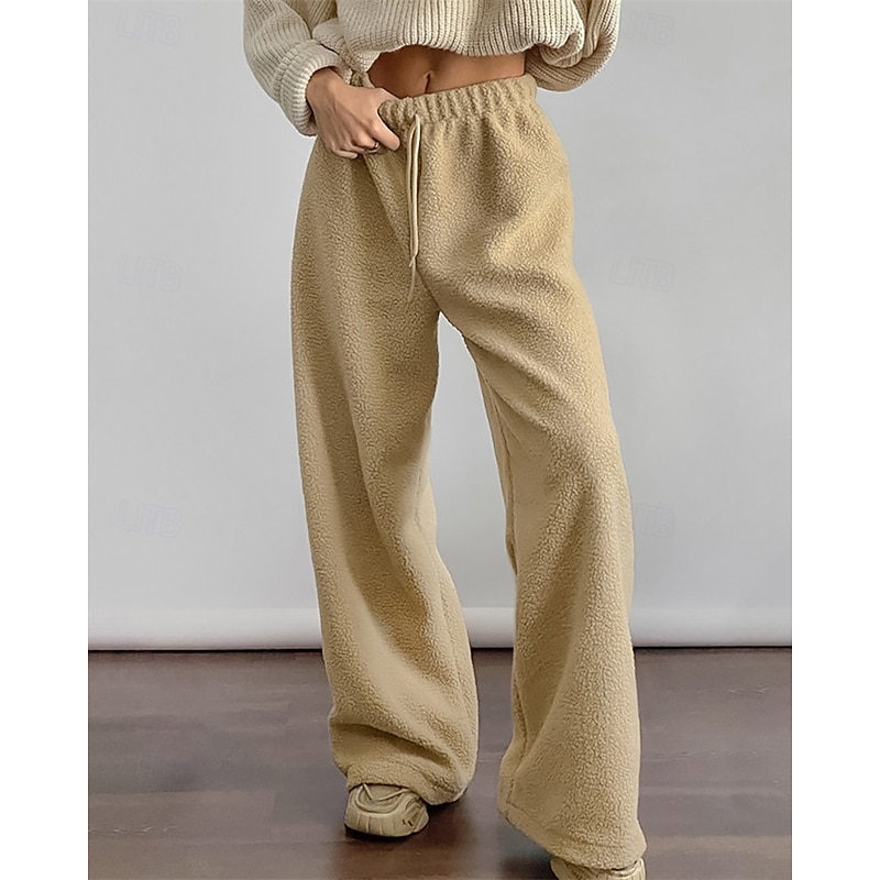 Women's Fleece Pants Pants Trousers Straight Fashion Streetwear Full Length High Waist Plain Drawstring Elastic Waist Breathability Comfortable Micro-elastic Street Daily Wear Going out White Brown