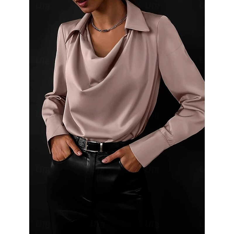 Women's Shirt Solid Color Plain Elegant Vintage Tropical Long Sleeve Cowl Neck Shirt Collar Regular Tops Work Daily Semi Formal Ruched Black White Dusty Rose Blue Summer Spring4