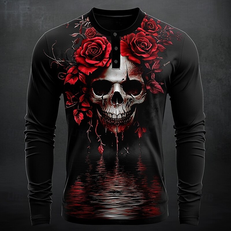 Men's Day of the Dead Graphic Cool Skulls Henley Shirt Long Sleeve Fashion Cute Daily Halloween Casual Holiday Fall Spring &  Fall Black Henley Henley T-Shirt