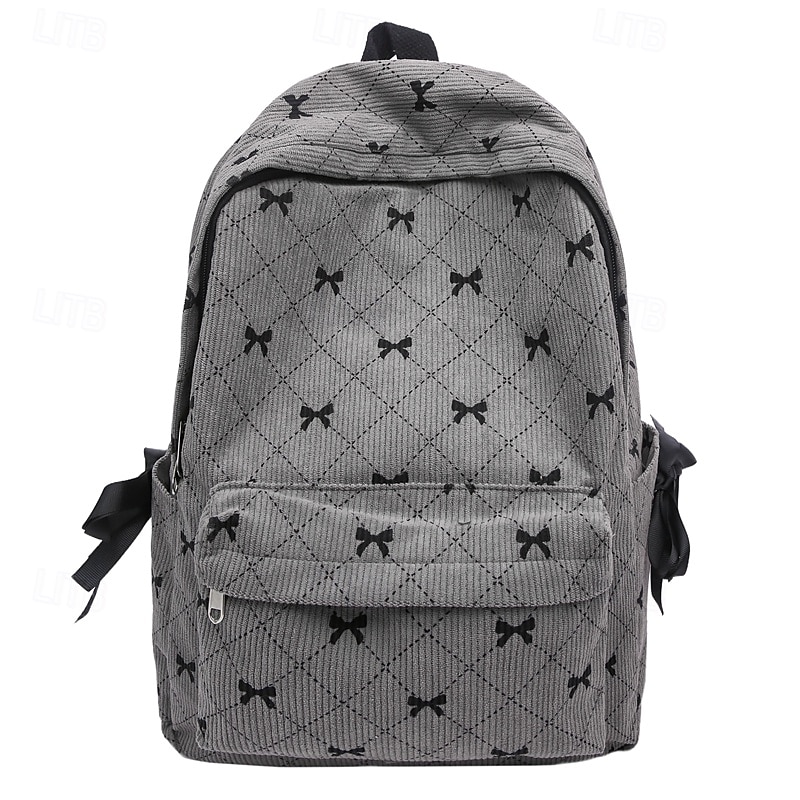 Girls' Black Bow Pattern Backpack – Cute Corduroy School Bag with Side Ribbon Detail for Teen Students & Daily Use2