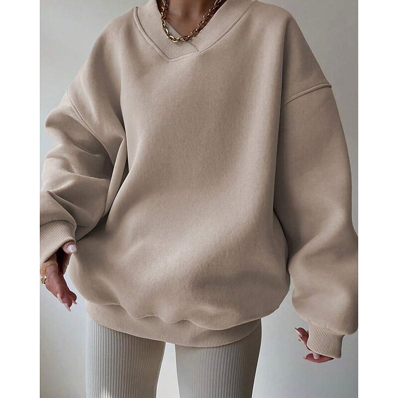 Women's Pullover Plain Streetwear Casual Comfy Long Sleeve V Neck Regular Tops Street Holiday Going out Brown Beige Gray Fall4