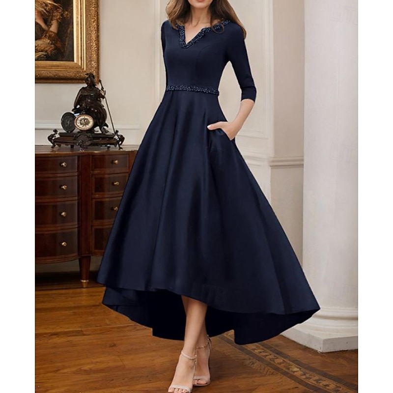 A-Line Cocktail Dresses Elegant Dress Formal Wedding Tea Length High-low Dress Half Sleeve V Neck Stretch Satin with Beading Pocket4