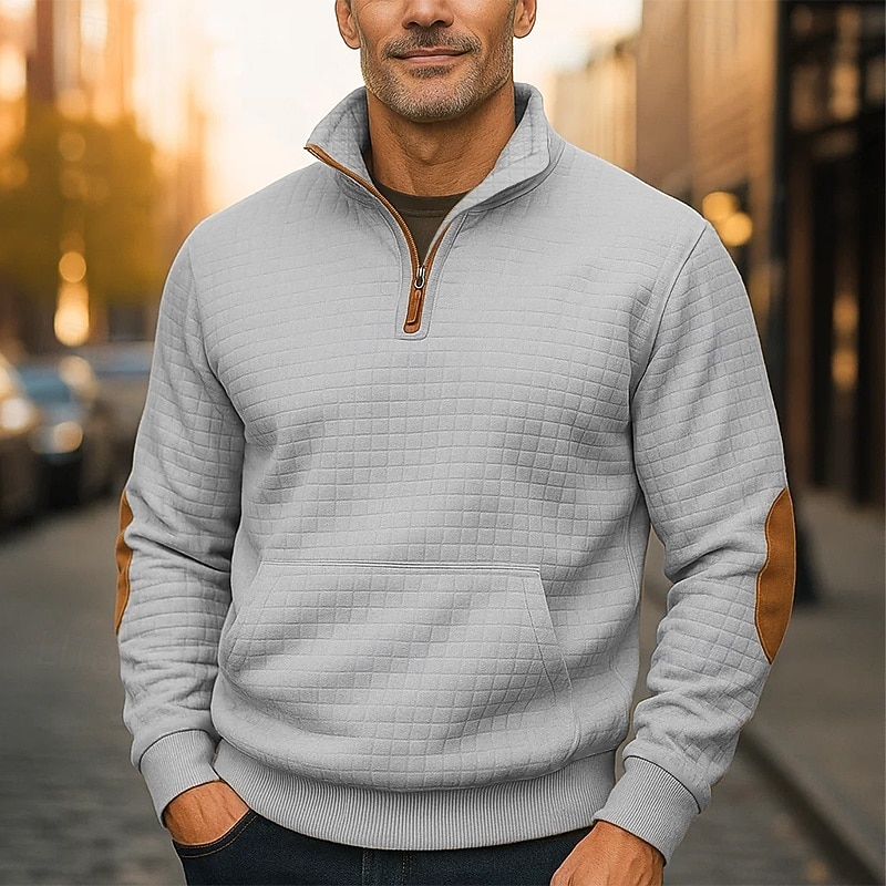 Men's Sweatshirt Waffle Sweatshirt Quarter Zip Sweatshirt Black Navy Blue Khaki Dark Gray Gray Standing Collar Plain Patchwork Textured Sports & Outdoor Casual Daily Streetwear Cool Designer Spring