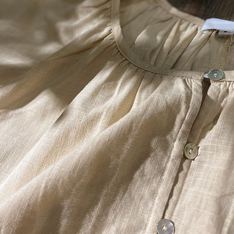 Women's 100% Cotton Shirt Blouse Plain Elegant Vintage Daily Half Sleeve Lantern Sleeve Crew Neck V Neck Regular Tops Daily Holiday Going out Ruched White Apricot Summer Spring Fall4