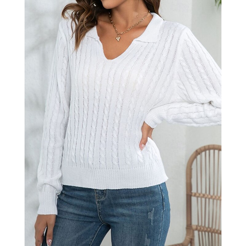 Women's Pullover Casual Solid Color Chunky V Neck Knitted Long Sleeve Regular Tops Knit Daily Holiday Going out White Army Green Fall Winter3