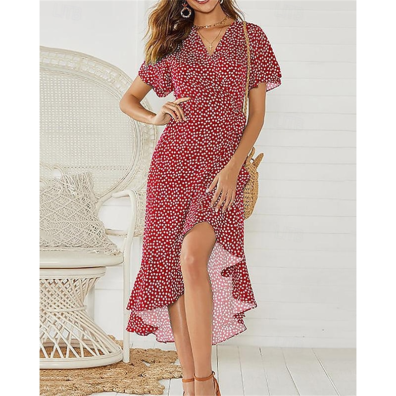 Women's Midi Dress Casual Dress Chiffon Dress Summer Dress Fashion Outdoor Party Holiday Regular Fit Polka Dot Short Sleeve V Neck White Yellow Red Green Summer Spring