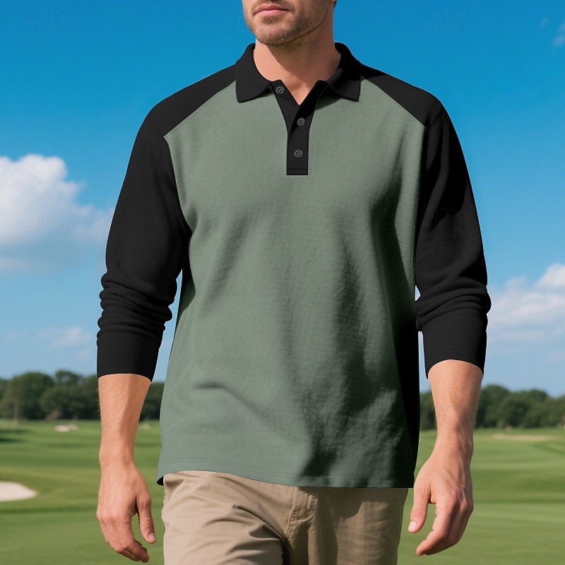 Men's Golf Shirt Golf Polos Shirts Work Casual Lapel Long Sleeve Basic Modern Color Block Patchwork Buttons Spring Fall Regular Fit Depression Green Black Khaki Army Green Golf Shirt2