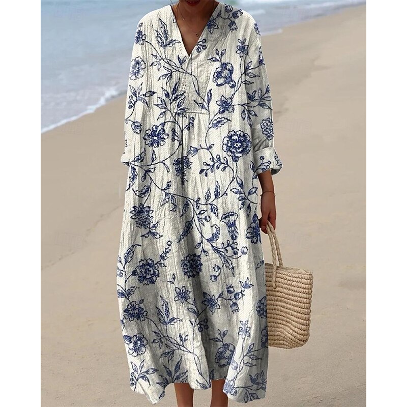 Women's Midi Dress Casual Dress Print Dress Fashion Modern Daily Beach Weekend Regular Fit Flower Long Sleeve V Neck Yellow Light Green Pink Blue Spring Fall2