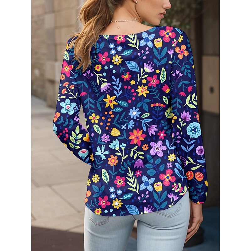Women's T shirt Crew Neck Long Sleeve Tunic Floral Graphic Plants Vintage Stylish Classic  Round Neck Regular Tops Daily Print Red Blue Purple Brown Green Fall2