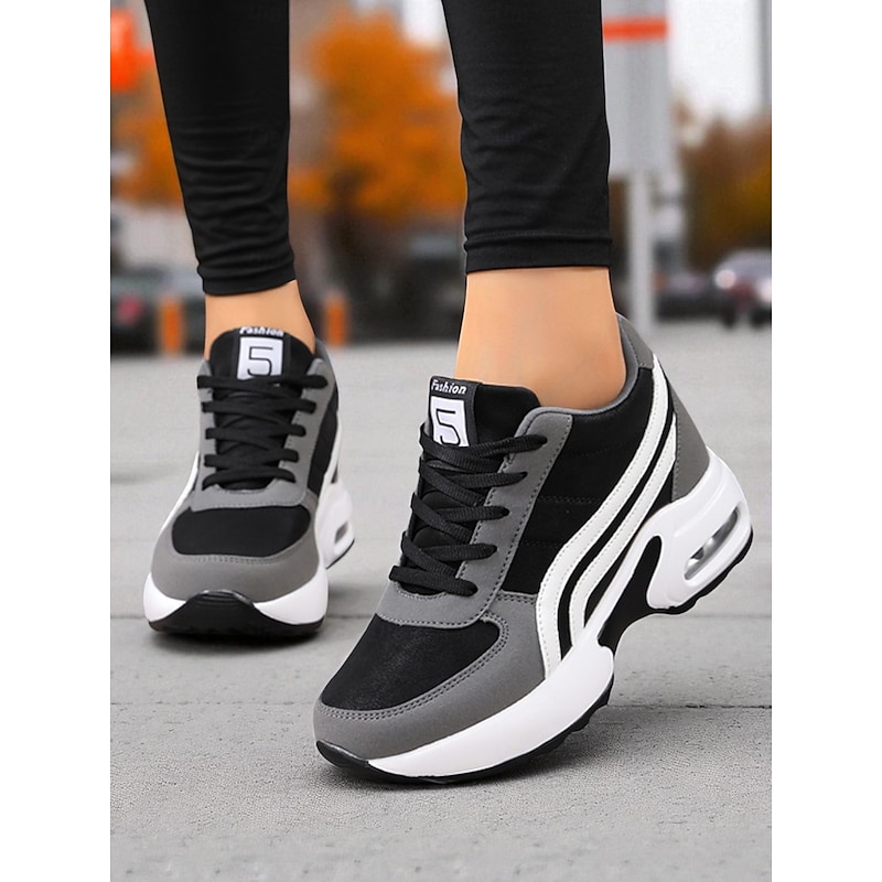 Women's Black and Gray Chunky Running Sneakers – Breathable Mesh Lace-Up Trainers, Casual Sporty Walking Shoes for Gym, Travel and Everyday Wear