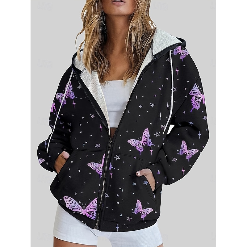 Women's Hooded Sweatshirt Jacket Long Sleeve Zip Up Hoodie With Pocket Lightweight Casual Micro-elastic Graphic Butterfly Fashion Street Dailywear Pocket Print Purple Spring Fall