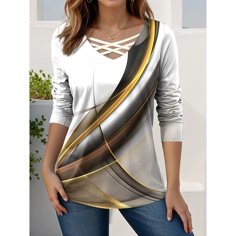 Women's T shirt Long Sleeve Graphic Geometric Gradient Vintage Stylish Modern Long Sleeve V Neck Regular Tops Daily Sports Going out Cut Out Print Gray / White Black Blue Green Spring Fall Prefall4