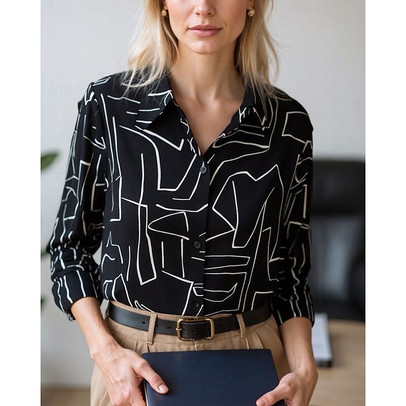Women's Blouse Dressy Tops Chiffon Tops Color Block Abstract Elegant Daily Stylish Long Sleeve Shirt Collar Regular Tops Work Daily Buttons Print Black And White Black White Beige Spring, Fall2