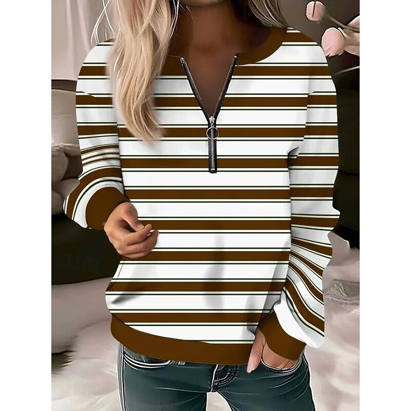 Women's Quarter Zipper Sweater Graphic Geometric Striped Warm Sports Fashion Long Sleeve Crew Neck Regular Tops Street Dailywear Casual Half Print Light Pink Red Blue Green Coffee Fall Winter2