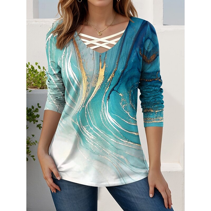 Women's T shirt Long Sleeve Graphic Geometric Gradient Vintage Stylish Modern Long Sleeve V Neck Regular Tops Daily Sports Going out Cut Out Print Gray / White Black Blue Green Spring Fall Prefall2