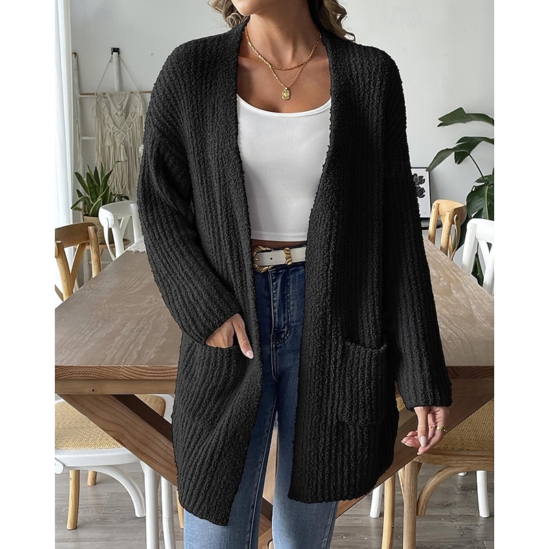 Women's Sweater Cardigan Fashion Streetwear Daily Solid Color Ribbed Open Front Pocket Knitted Long Sleeve Long Tops Knit Holiday Going out Weekend Black White Fall Winter2