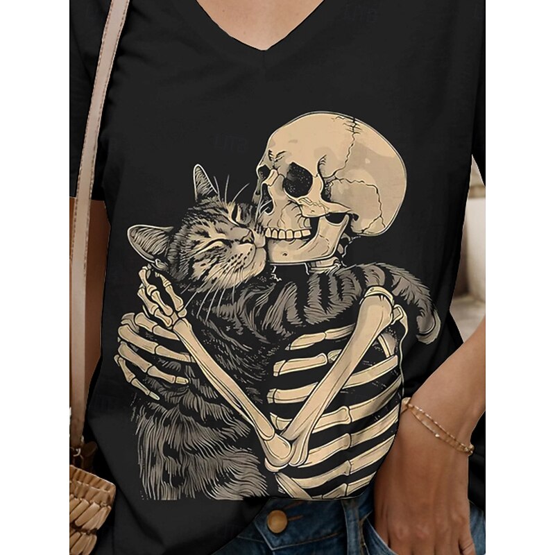 Halloween Women's T Shirt Skulls Graphic Cat Vintage Stylish Classic Short Sleeve V Neck Regular Tops Daily Print Black and White Black White Yellow Pink Summer Spring3