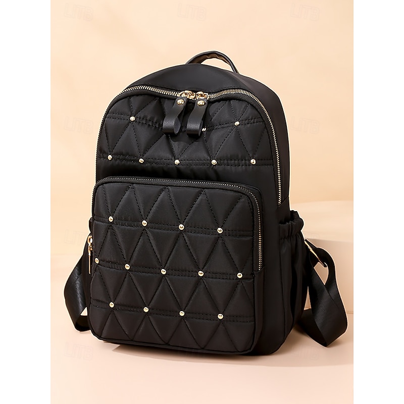 Women's Quilted Waterproof Nylon Backpack – Lightweight Fashion Daypack with Studded Detail, Multi-Pocket Design for School, Work or Travel