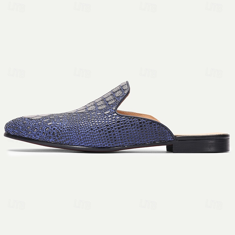 Men's Blue Crocodile Pattern Leather Mule Shoes – Slip-On Luxury Loafers for Stylish Men at Summer Parties and Resort Events3