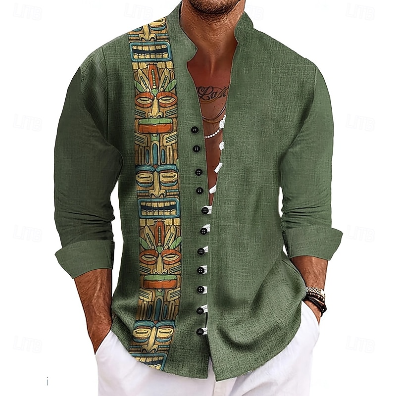 Men's Mask Ethic / African Shirt Stand Collar Shirt Long Sleeve Vintage Retro Vacation Daily Wear Going out Spring Fall Mandarin Collar Band Collar Button-Down Linen Like Shirt Green