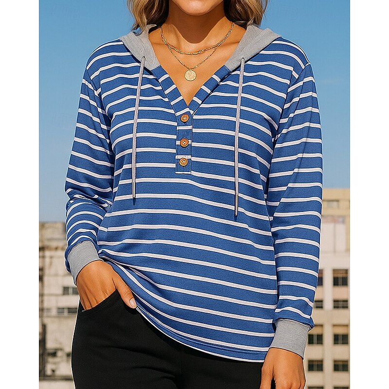 Women's Pullover Sweatshirt Casual Tops Drawstring Long Sleeve Top Athleisure V Neck Stripes Sun Protection Windproof Gym Outdoor Running Sportswear Activewear Dark Grey Black Pink - Main Image