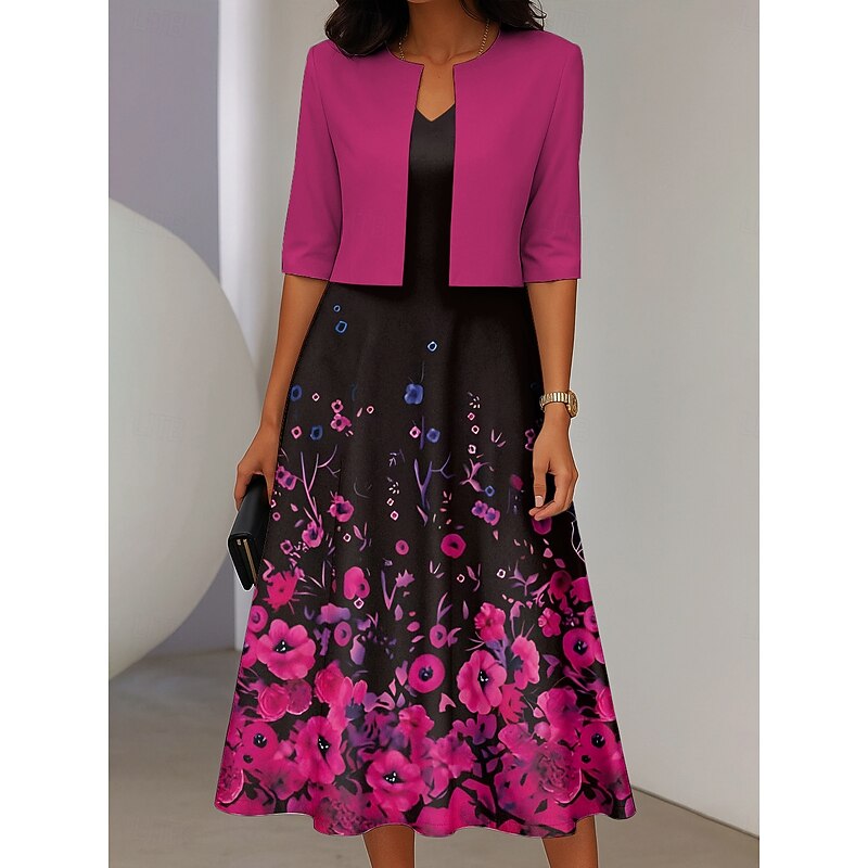 Women's Two Piece Dress Sets Midi Dress with Jacket Elegant A Line Dress Half Sleeve Party Ombre Floral Print Crew Neck Daily Yellow Red Blue Spring Fall Regular Fit