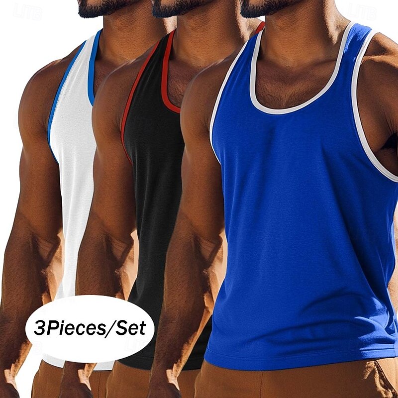 Men's Tank Top Vest Undershirt Sleeveless Shirt Sleeveless U Neck Scoop Neck Summer Solid Color Plain Fashion Sporty Classic 3-Piece Color Block Street Casual Sports Red / Blue / Green