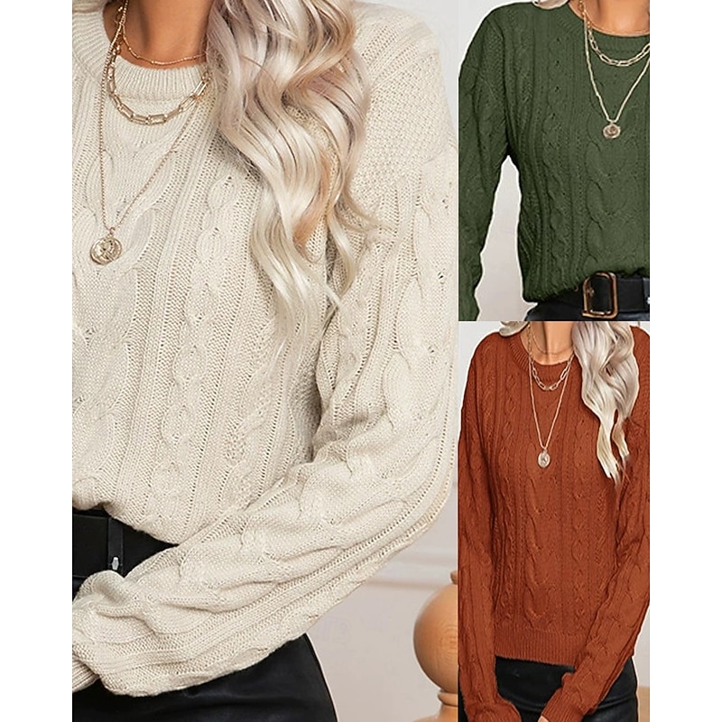 Women's Pullover Casual Solid Color Chunky Crew Neck Knitted Long Sleeve Regular Tops Knit Daily Holiday Going out Brown Green Fall Winter