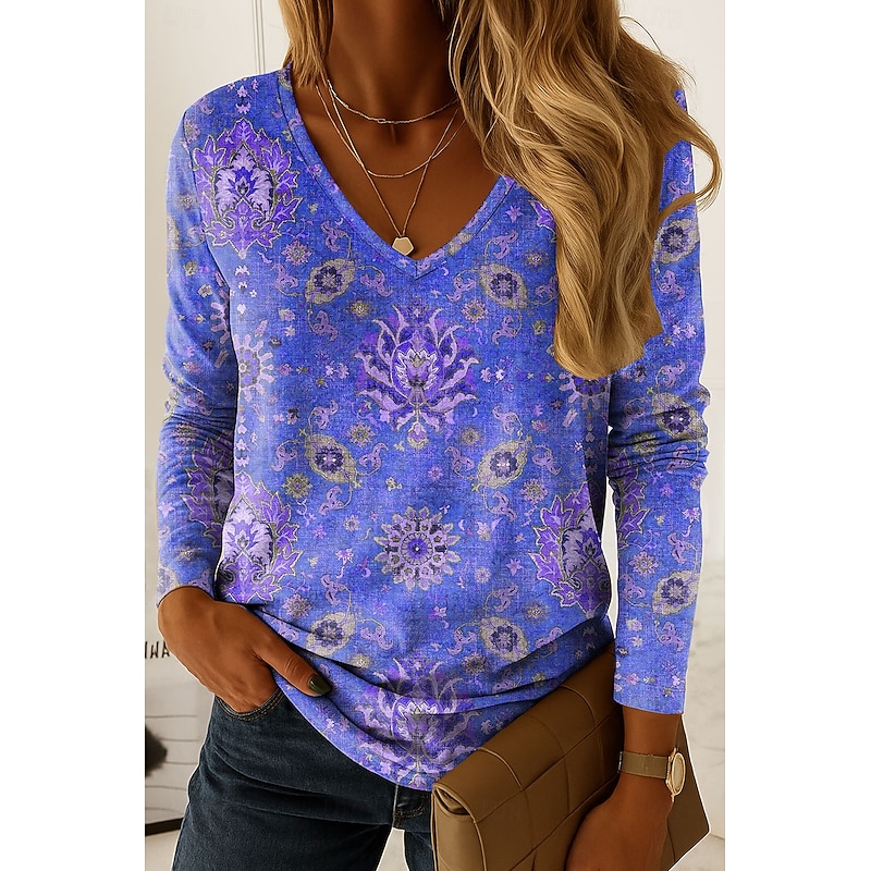 Women's T shirt Long Sleeve V Neck Long Sleeve Tunic Graphic Paisley Vintage Stylish Classic Regular Tops Daily Print Pink Red Blue Purple Green Spring Fall Prefall4