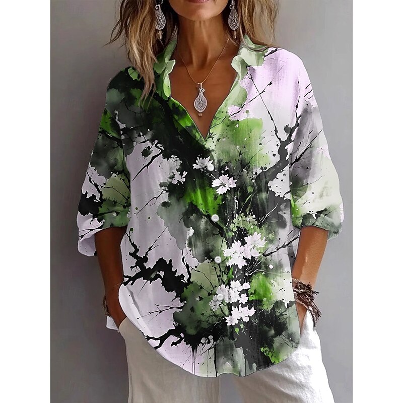 Women's Shirt Button Down Tunic Shirt Collar Long Sleeve Floral Graphic Tie Dye Vintage Daily Stylish Regular Tops Work Daily Holiday s Print Blue Fuchsia Green Spring Fall3