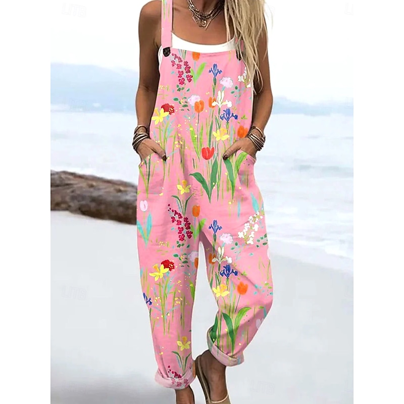 Women's Dungarees Active Floral Sleeveless Harem Drawstring with Pocket Vacation Street Loose Fit Pink Blue Purple Summer