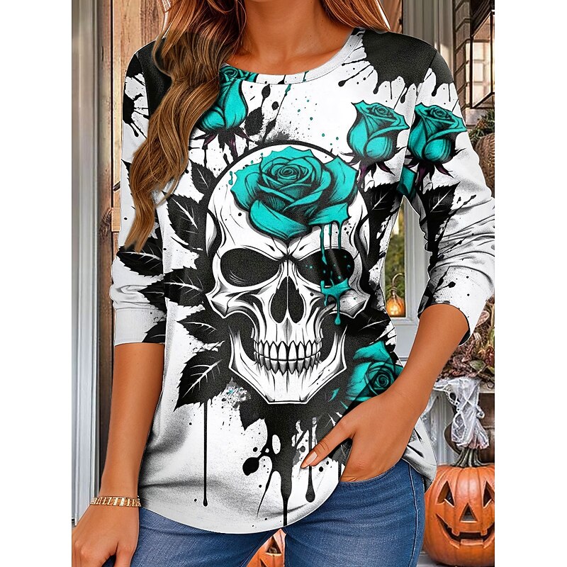 Halloween Women's T Shirt Skulls Crew Neck Long Sleeve Tunic Graphic Rose Vintage Stylish Classic Regular Tops Daily Print Red Purple Orange Green Spring Fall3