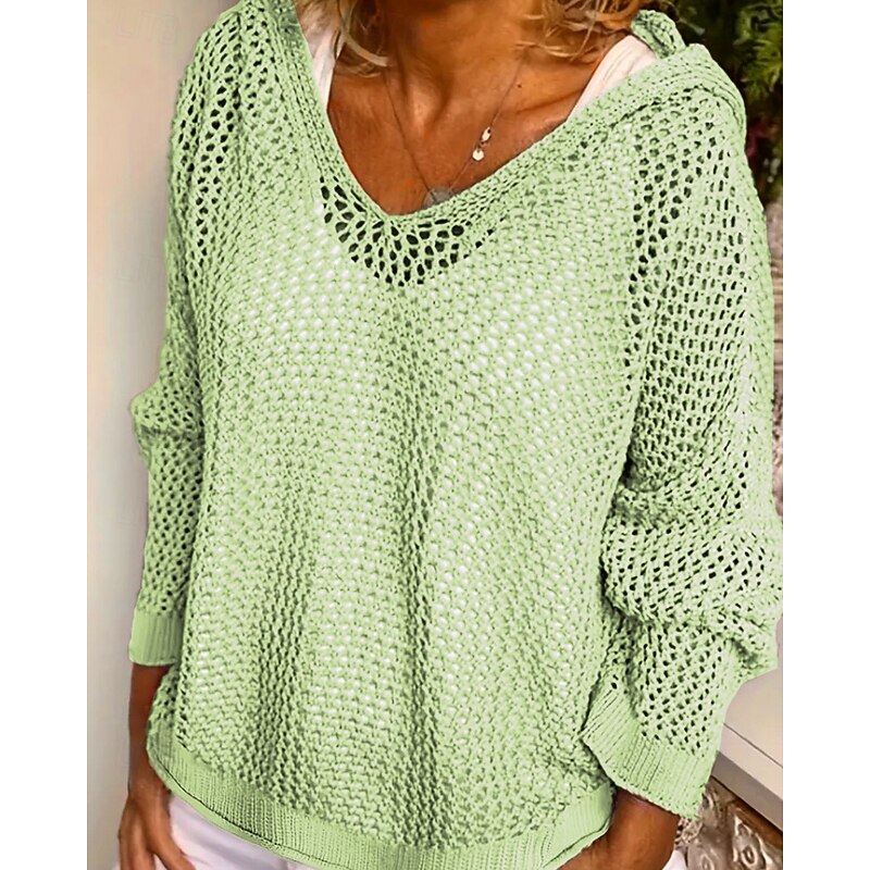 Women's Sweater Casual Solid Color Ribbed Hooded Hollow Out Knitted Long Sleeve Regular Tops Knit Daily Holiday Going out Wine Red Light Green Fall3